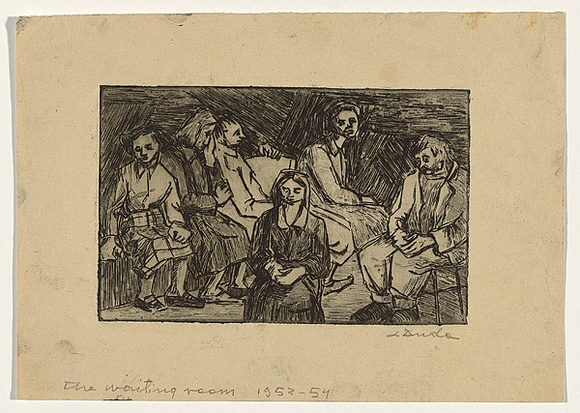 Artist: b'Groblicka, Lidia.' | Title: b'The waiting room' | Date: 1953-54 | Technique: b'etching, printed in black ink, from one plate'