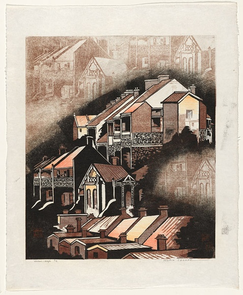 Artist: b'Thorpe, Lesbia.' | Title: b'House-scape' | Date: 1980 | Technique: b'woodcut, printed in colour, from two blocks; hand-coloured'