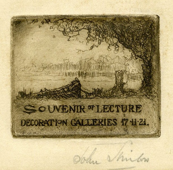 Artist: b'SHIRLOW, John' | Title: b'Souvenir of Lecture, Decoration Galleries.' | Date: 1921 | Technique: b'etching, printed in brown ink, from one copper plate'