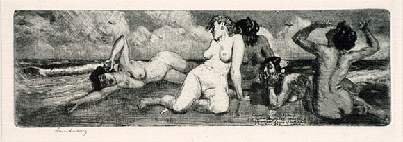 Artist: b'LINDSAY, Lionel' | Title: b'Femmes damn\xc3\xa9es' | Date: 1909 | Technique: b'etching, drypoint, aquatint and roulette, printed in blue/black ink, from one plate' | Copyright: b'Courtesy of the National Library of Australia'