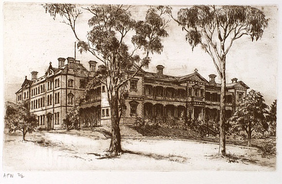 Artist: Stockfeld, R.H. | Title: not titled [unknown building] | Date: c.1935 | Technique: etching, printed in sepia ink, from one plate