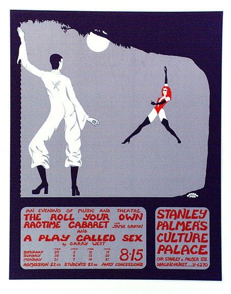 Artist: b'Bolzan, Rick.' | Title: b'The roll your own ragtime cabaret and A play called sex.' | Date: 1975 | Technique: b'screenprint, printed in colour, from three stencils'