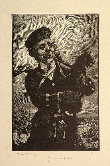 Artist: LINDSAY, Lionel | Title: Campbell the piper. An old Sydney identity. | Date: 1925 | Technique: wood-engraving, printed in black ink, from one block | Copyright: Courtesy of the National Library of Australia