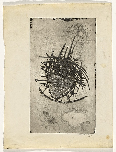 Artist: b'Bilu, Asher.' | Title: b'not titled [shape reminiscent of boat with cross hatched lines]' | Date: c.1962 | Technique: b'etching and lavis, printed in black ink, from one copper plate'