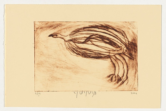 Artist: b'Nampitjinpa, Yuyuwa.' | Title: b'not titled [emu]' | Date: 2004 | Technique: b'drypoint etching, printed in brown ink, from one perspex plate'