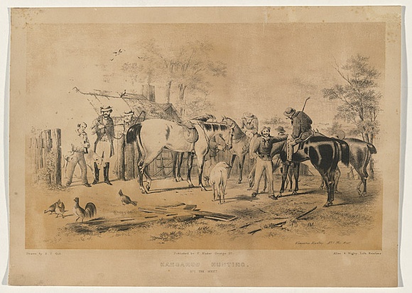 Title: b'Kangaroo Hunting No.1 - The meet' | Date: 1858 | Technique: b'lithograph, printed in colour, from two stones (black image and text, buff tint stone)'