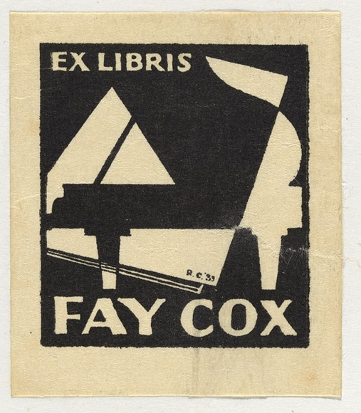 Artist: b'Cox, Roy.' | Title: b'Bookplate: Fay Cox.' | Date: 1933 | Technique: b'linocut, printed in black ink, from one block'