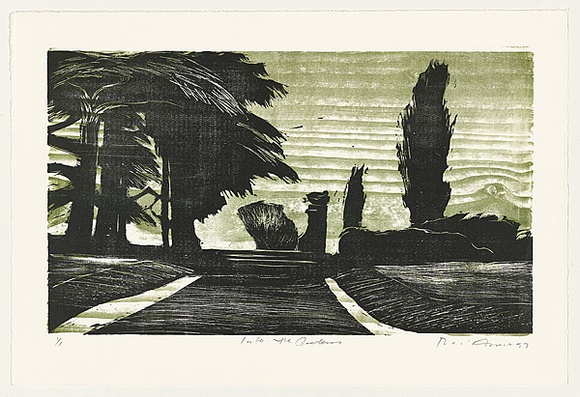 Artist: b'AMOR, Rick' | Title: b'Into the garden.' | Date: 1993 | Technique: b'woodcut, printed in black and green ink, from two blocks'