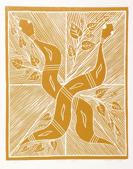 Artist: Marika, Banduk. | Title: Djaygung and waterlily | Date: 1985 | Technique: linocut, printed in yellow ink, from one block