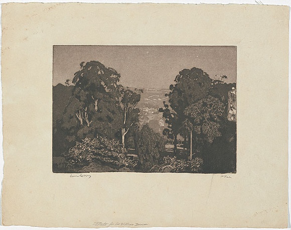 Artist: b'LINDSAY, Lionel' | Title: b'On the Kurrajong' | Date: 1932 | Technique: b'aquatint and etching, printed in black ink with plate-tone, from one plate' | Copyright: b'Courtesy of the National Library of Australia'