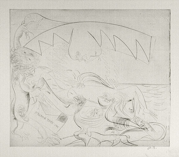 Artist: b'BOYD, Arthur' | Title: b'Bert Hinkler; his wife and lion and letter.' | Date: (1968-69) | Technique: b'etching, printed in black ink, from one plate' | Copyright: b'Reproduced with permission of Bundanon Trust'