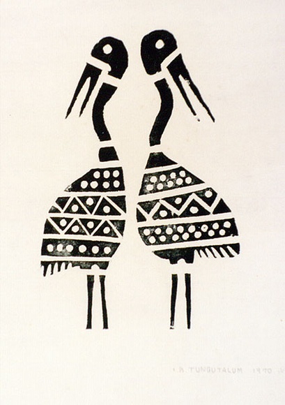 Artist: TUNGUTALUM, Bede | Title: Two standing birds | Date: 1970 | Technique: woodcut, printed in black ink, from one block