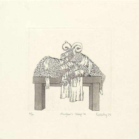 Artist: b'Kossatz, Les.' | Title: bMaughan's sheep (II) | Date: 1977 | Technique: b'etching and aquatint, printed in black ink, from one plate' | Copyright: b'\xc2\xa9 Les Kossatz. Licensed by VISCOPY, Australia'