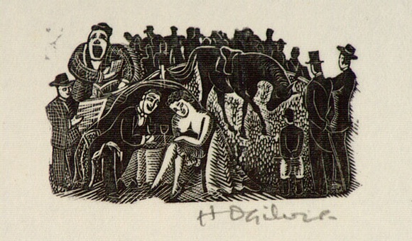 Artist: b'OGILVIE, Helen' | Title: b'(Couple with wine glasses at table, race horse, jockey, gamblers,  with crowd behind)' | Date: (1953) | Technique: b'wood-engraving, printed in black ink, from one block'