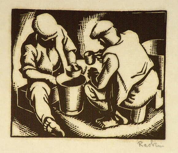 Artist: b'Hawkins, Weaver.' | Title: b'(Two men drinking from a bucket)' | Date: c.1928 | Technique: b'woodcut, printed in black ink, from one block' | Copyright: b'The Estate of H.F Weaver Hawkins'