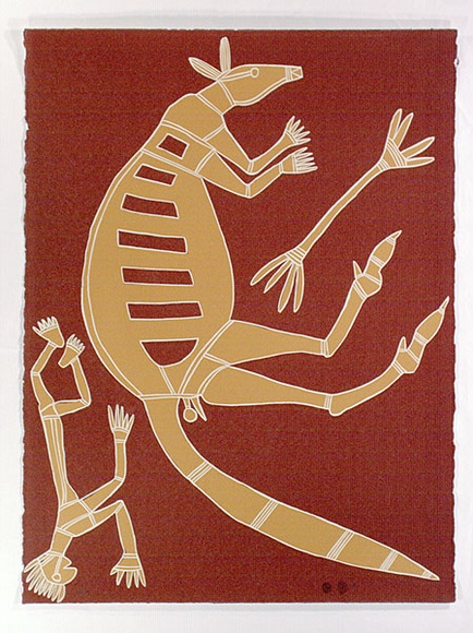 Artist: b'MILAYBUMA, David' | Title: b'Mimi spirit hunting Kolobarr the kangaroo' | Date: 1979 | Technique: b'screenprint, printed in colour, from three stencils'