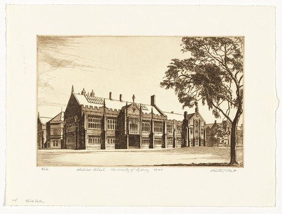 Artist: b'PLATT, Austin' | Title: b'Medical School University of Sydney' | Date: 1945 | Technique: b'etching, printed in black ink, from one plate'