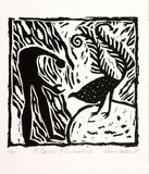 Artist: Warren, Guy. | Title: St. Francis and the Lyrebird. | Date: 1987 | Technique: linocut, printed in black ink, from one block