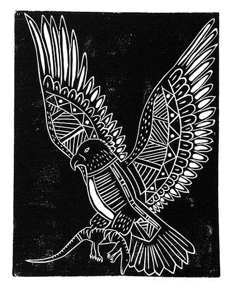 Artist: b'TUNGUTALUM, Bede' | Title: b'Kite hunting lizard' | Date: 1987 | Technique: b'woodcut, printed in black ink, from one block'