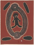 Artist: TJUNGARRANYI, Willi | Title: not titled [human figure in oval]. | Date: 1979 | Technique: screenprint, printed in colour, from five stencils