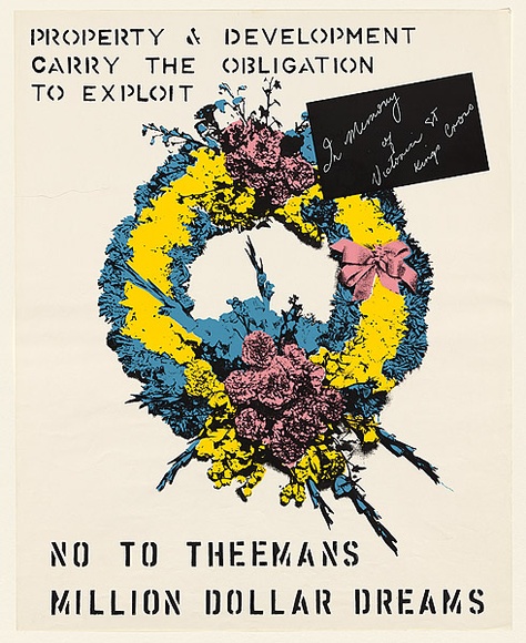 Artist: b'Mackay, Jan' | Title: b'Property & development carry the obligation to exploit. In memory of Victoria St Kings Cross' | Date: 1976 | Technique: b'screenprint, printed in colour, from multiple stencils'