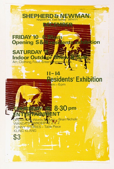 Artist: b'MERD INTERNATIONAL' | Title: b'Poster: Shepherd and Newman, December Opening S and N residents exhibition' | Date: 1984 | Technique: b'screenprint'