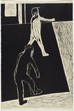 Artist: b'MADDOCK, Bea' | Title: b'Crossing the square.' | Date: August 1965 | Technique: b'woodcut, printed in black ink by hand-burnishing, from one composition board (masonite) block'
