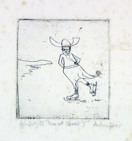 Artist: b'Speirs, Andrew.' | Title: b'Nun at speed I' | Date: 1985, Spring | Technique: b'etching, foul biting printed in black ink, from one  plate'