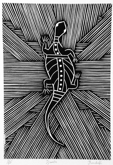 Artist: b'Marika, Banduk.' | Title: b'Djanda' | Date: 1984 | Technique: b'linocut, printed in black ink, from one block'