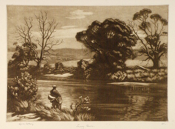 Artist: b'LINDSAY, Lionel' | Title: b'Trout fishing in the Snowy River' | Date: 1946 | Technique: b'mezzotint and etching, printed in brown ink, from one copper plate' | Copyright: b'Courtesy of the National Library of Australia'