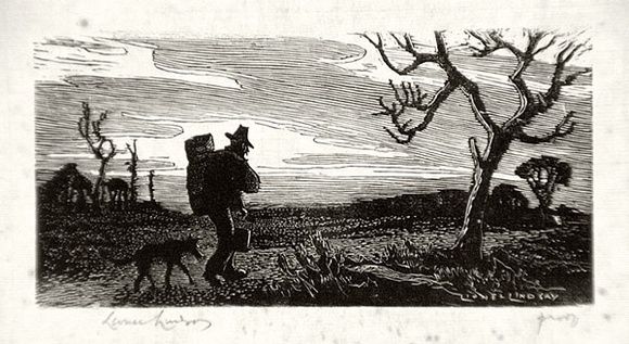 Artist: b'LINDSAY, Lionel' | Title: b'Decoration: swaggie and dog.' | Technique: b'wood-engraving, printed in black ink, from one block' | Copyright: b'Courtesy of the National Library of Australia'