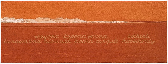 Artist: b'MADDOCK, Bea' | Title: b'Terra Spiritus...with a darker shade of pale' | Date: 1993-98 | Technique: b'stencil print, printed in hand-ground Launceston ochre from multiple hand-cut mylar stencils; letterpress text blind printed; hand-drawn script'