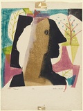 Artist: b'Brash, Barbara.' | Title: b'Head.' | Date: c.1956 | Technique: b'linocut, printed in colour from six blocks, with additional colour stamped'