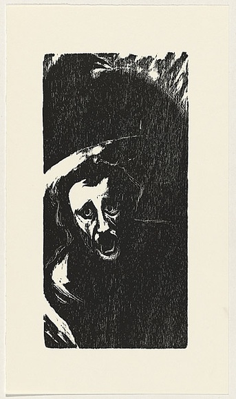 Artist: b'AMOR, Rick' | Title: b'not titled (screaming male face 2).' | Date: (1990) | Technique: b'woodcut, printed in black ink, from one block'