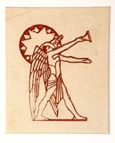 Artist: Waller, Christian. | Title: Greeting card: Winged male figure, partially draped, arms outstretched, sun-like halo effect behind head | Date: 1935 | Technique: linocut, printed in brown ink, from one block