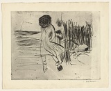 Title: not titled [female walking along beach with hat over face] | Date: c.1960 | Technique: drypoint, printed in black ink, from one plate