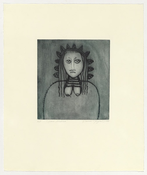 Artist: b'Fogwell, Dianne.' | Title: b'Stone mother.' | Date: 1990 | Technique: b'etching, printed in blue/black ink, from one plate'