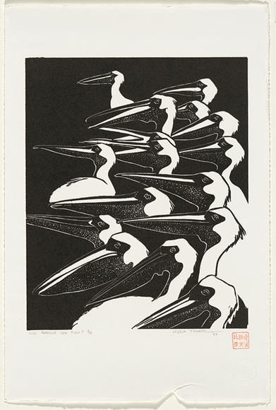 Artist: b'Thorpe, Lesbia.' | Title: b'Did someone say fish?' | Date: 1993 | Technique: b'linocut, printed in black ink, from one block'