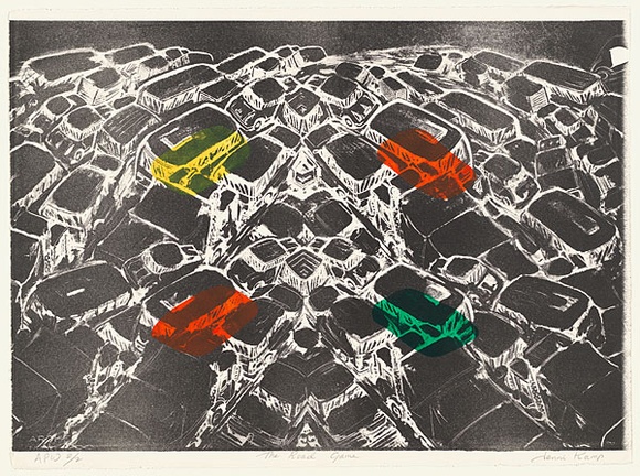 Artist: b'Kamp, Jenni.' | Title: b'The road game' | Date: 1997, May - June | Technique: b'lithograph, printed in black ink, from one stone; handcoloured'