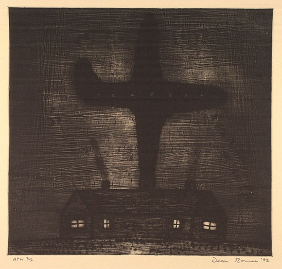 Artist: b'Bowen, Dean.' | Title: b'(Aeroplane over house)' | Date: 1992 | Technique: b'etching, printed in black ink, from one plate'