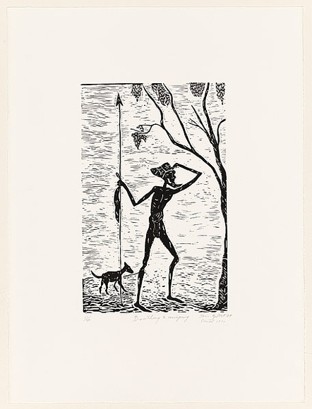 Artist: b'Gilbert, Kevin.' | Title: b'Boothang and Mirngarng' | Date: 1969 | Technique: b'linocut, printed in black ink, from one block'