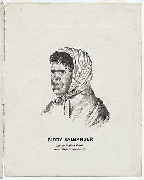 Artist: b'Baker, William.' | Title: b'Biddy Salmander, Broken Bay tribe.' | Date: c.1840 | Technique: b'chalk-lithograph, printed in black ink, from one stone'