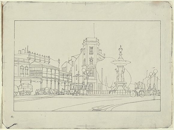 Artist: b'Jack, Kenneth.' | Title: b'Charing Cross, Bendigo' | Date: 1954 | Technique: b'lithograph, printed in black ink, from one zinc plate' | Copyright: b'\xc2\xa9 Kenneth Jack. Licensed by VISCOPY, Australia'