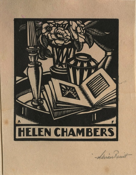 Artist: b'FEINT, Adrian' | Title: b'Bookplate: Helen Chambers.' | Date: (1927) | Technique: b'wood-engraving, printed in black ink, from one block' | Copyright: b'Courtesy the Estate of Adrian Feint'