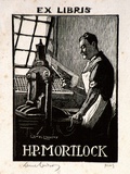 Artist: b'LINDSAY, Lionel' | Title: b'Bookplate: H.P. Mortlock' | Date: 1950 | Technique: b'wood-engraving, printed in black ink, from one block' | Copyright: b'Courtesy of the National Library of Australia'