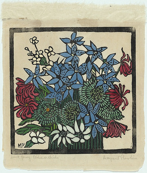 Artist: b'PRESTON, Margaret' | Title: b'Floral, still life' | Date: 1925 | Technique: b'woodcut, printed in black ink, from one block; hand-coloured' | Copyright: b'\xc2\xa9 Margaret Preston. Licensed by VISCOPY, Australia'