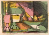 Artist: ROSENGRAVE, Harry | Title: Still life with lamps | Date: 1956 | Technique: linocut, printed in colour from four blocks, and overprinted in lithography with black ink from one plate