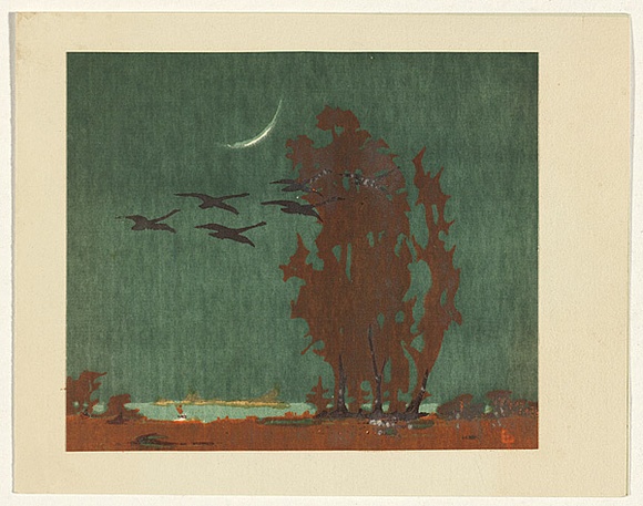 Artist: b'Palmer, Ethleen.' | Title: b'Red lake' | Date: c.1955 | Technique: b'screenprint, printed in colour, from four stencils'