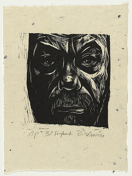 Artist: b'AMOR, Rick' | Title: b'Self portrait fragment.' | Date: 1990 | Technique: b'woodcut, printed in black ink, from one block'