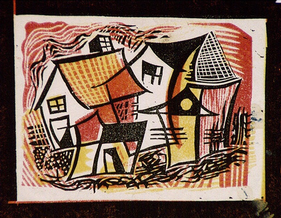 Artist: b'Barwell, Geoff.' | Title: b'(Village).' | Date: (1955) | Technique: b'linocut, printed in colour, from three blocks'